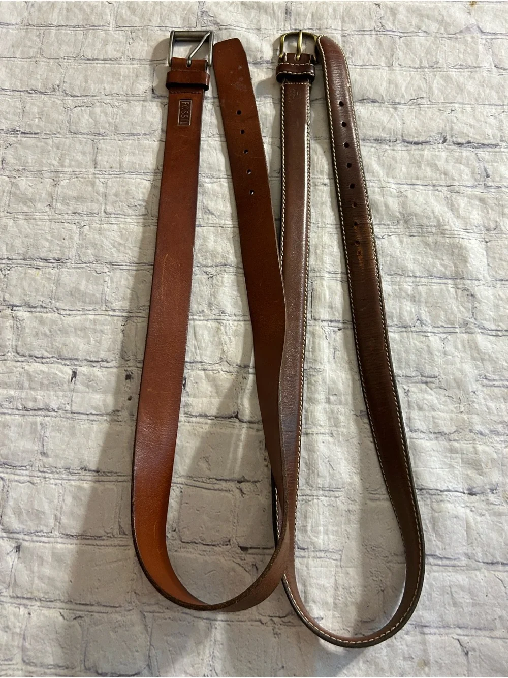 LAUREN RALPH LAUREN BROWN LEATHER STITCHING SIZE 44 & FOSSIL LEATHER BELT 42